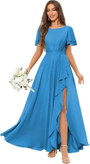 Modest Chiffon Bridesmaid Dresses with Sleeves Ruffle Slit Long A Line Formal Evening Dress for Women