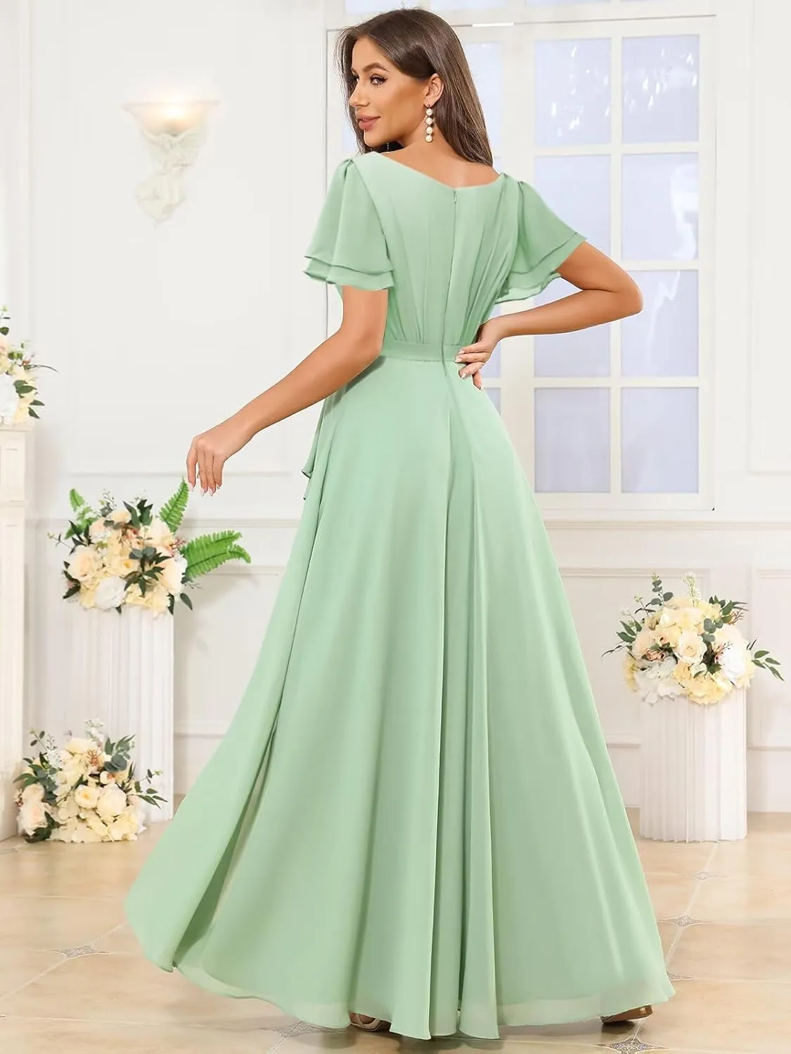 Modest Chiffon Bridesmaid Dresses with Sleeves Ruffle Slit Long A Line Formal Evening Dress for Women