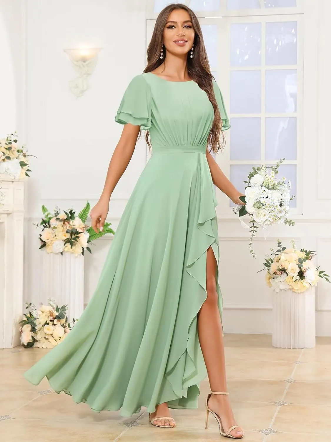 Modest Chiffon Bridesmaid Dresses with Sleeves Ruffle Slit Long A Line Formal Evening Dress for Women