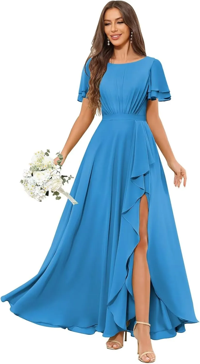 Modest Chiffon Bridesmaid Dresses with Sleeves Ruffle Slit Long A Line Formal Evening Dress for Women