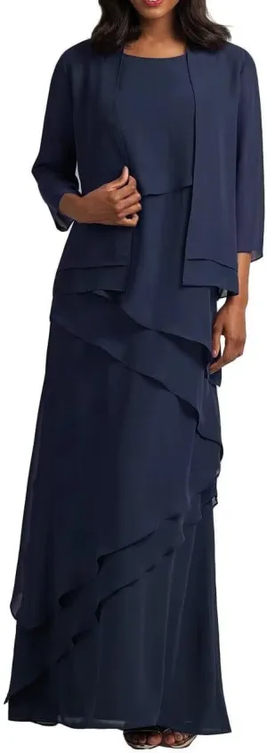 Mother of Bride Dresses with Jacket 2-Pieces Long Mother of The Groom Dress Ruffle Chiffon Formal Evening Gowns Navy