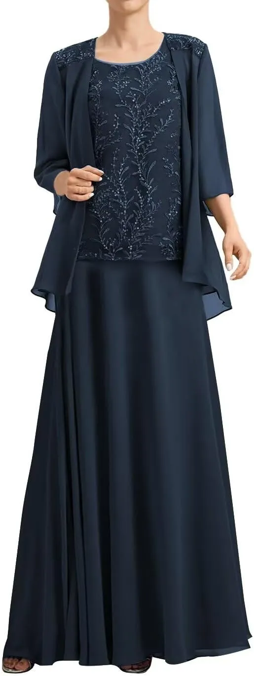 Mother of Bride Dresses with Jacket Laces Appliques Chiffon Formal Grandmother Dress ZX26