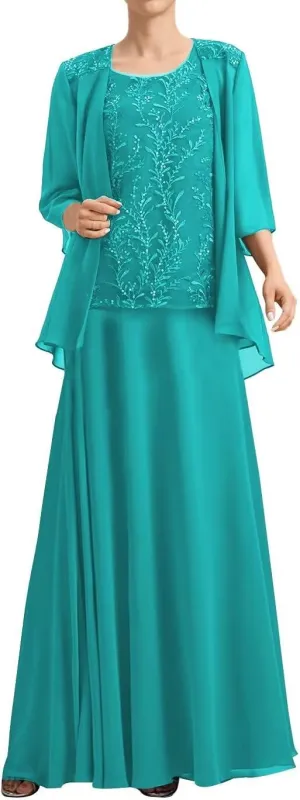 Mother of Bride Dresses with Jacket Laces Appliques Chiffon Formal Grandmother Dress ZX26