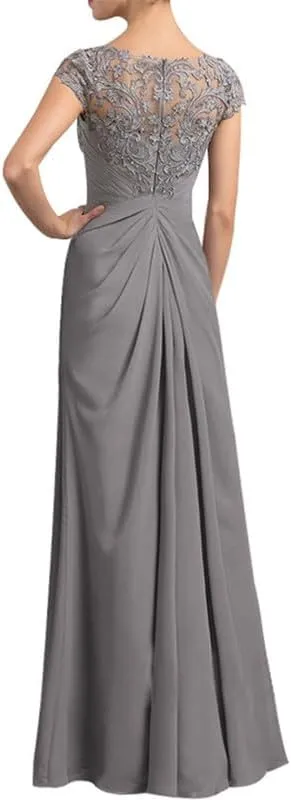 Mother of The Bride Dress Cap Sleeve Long Chiffon Lace Appliques Evening Formal Dress Scoop Neck Pleated Evening Gown