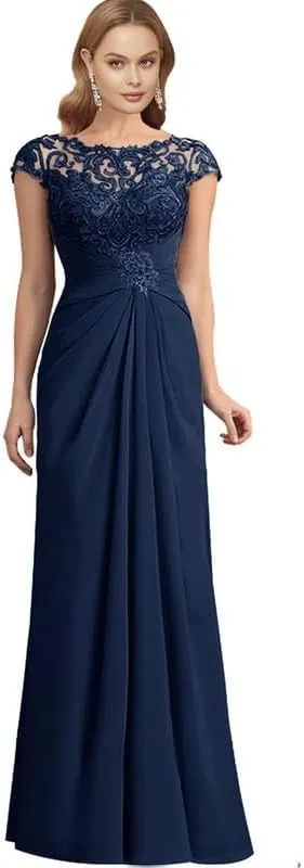 Mother of The Bride Dress Cap Sleeve Long Chiffon Lace Appliques Evening Formal Dress Scoop Neck Pleated Evening Gown