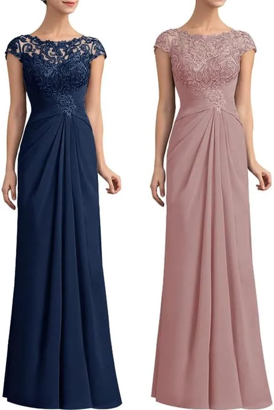 Mother of The Bride Dress Cap Sleeve Long Chiffon Lace Appliques Evening Formal Dress Scoop Neck Pleated Evening Gown