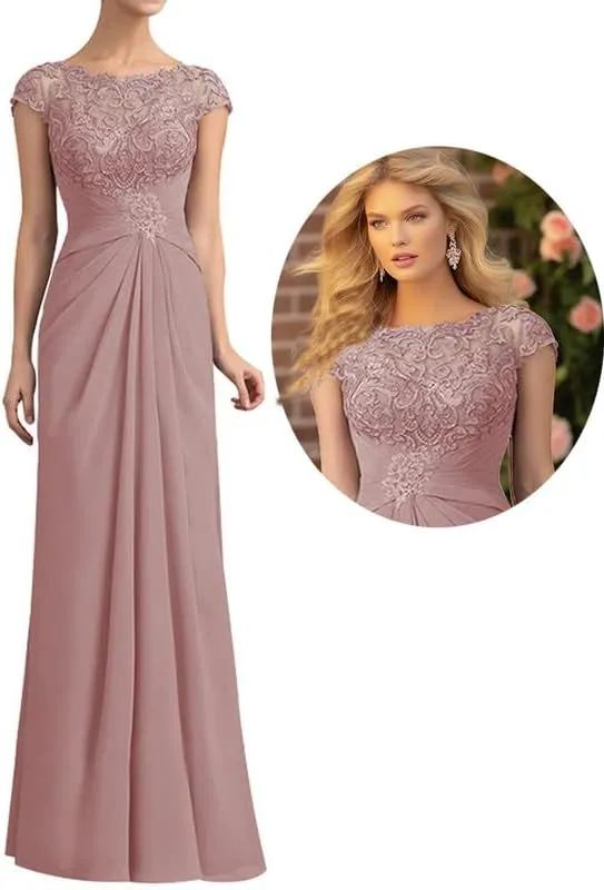 Mother of The Bride Dress Cap Sleeve Long Chiffon Lace Appliques Evening Formal Dress Scoop Neck Pleated Evening Gown