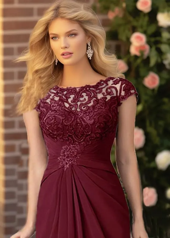 Mother of The Bride Dress Cap Sleeve Long Chiffon Lace Appliques Evening Formal Dress Scoop Neck Pleated Evening Gown