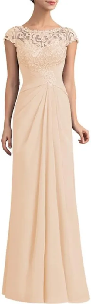 Mother of The Bride Dress Cap Sleeve Long Chiffon Lace Appliques Evening Formal Dress Scoop Neck Pleated Evening Gown