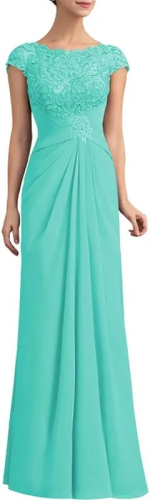 Mother of The Bride Dress Cap Sleeve Long Chiffon Lace Appliques Evening Formal Dress Scoop Neck Pleated Evening Gown