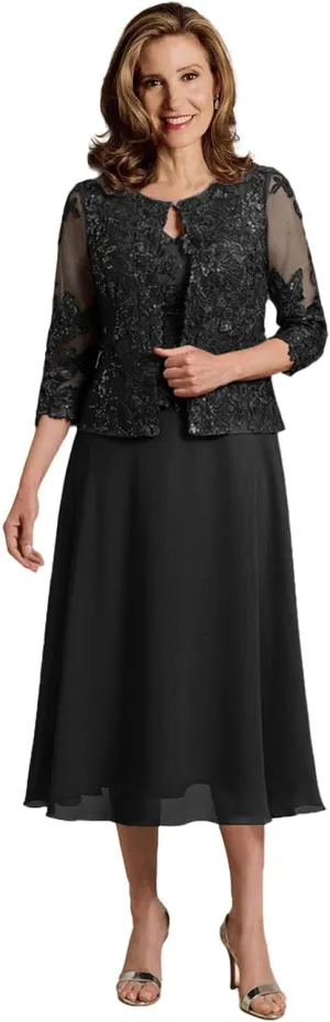Mother of The Bride Dresses 2 Pieces Lace Appliques Tea Length Chiffon Formal Evening Gowns with Jacket
