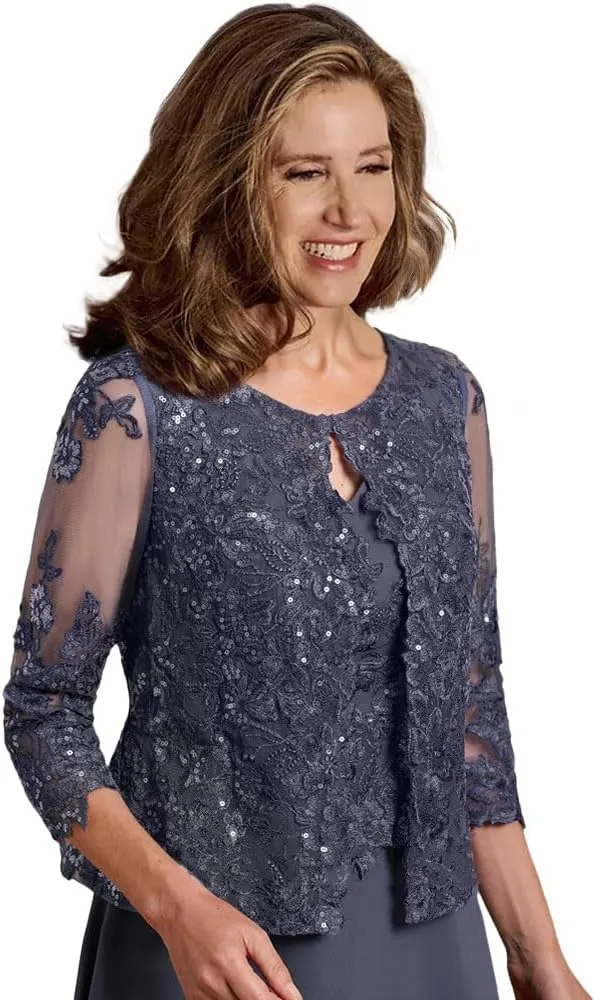 Mother of The Bride Dresses 2 Pieces Lace Appliques Tea Length Chiffon Formal Evening Gowns with Jacket