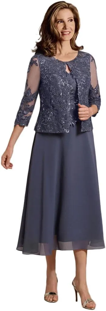 Mother of The Bride Dresses 2 Pieces Lace Appliques Tea Length Chiffon Formal Evening Gowns with Jacket