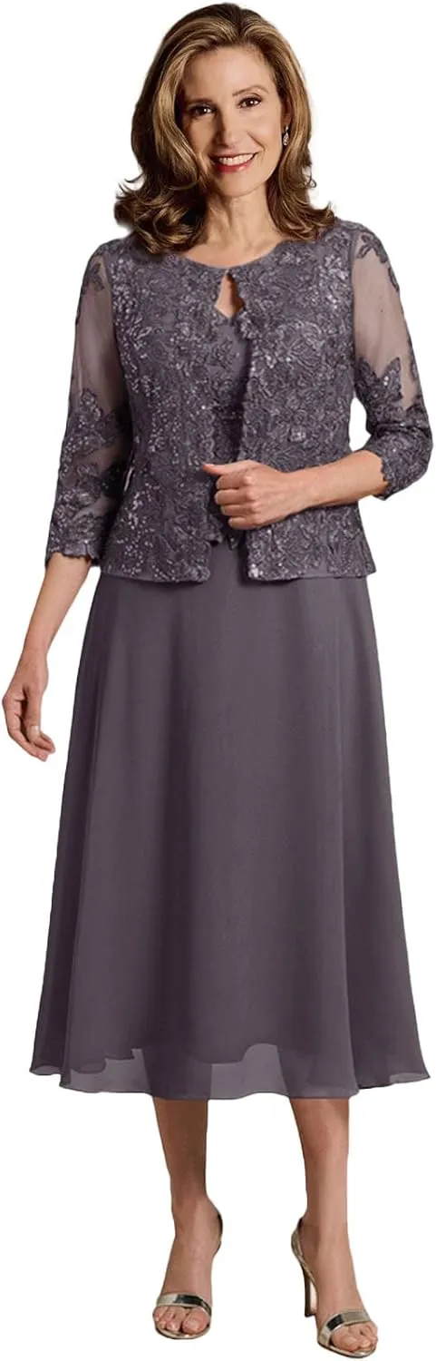 Mother of The Bride Dresses 2 Pieces Lace Appliques Tea Length Chiffon Formal Evening Gowns with Jacket