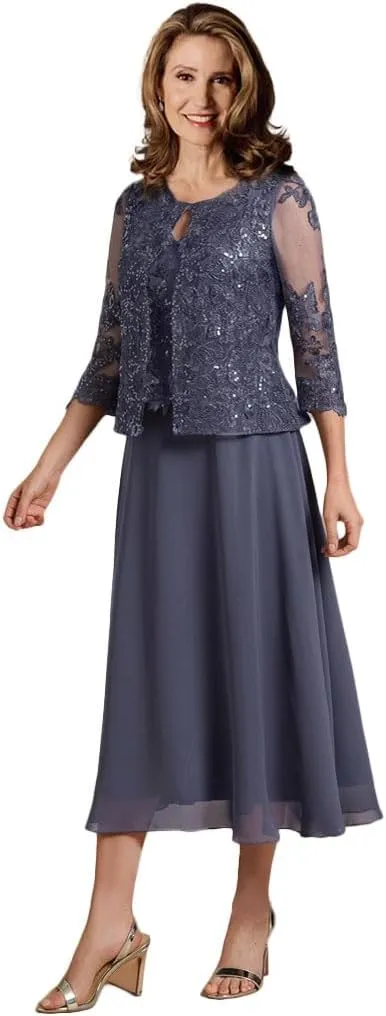 Mother of The Bride Dresses 2 Pieces Lace Appliques Tea Length Chiffon Formal Evening Gowns with Jacket