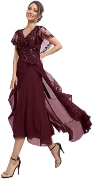 Mother of The Bride Dresses 2025 Sequins Chiffon V Neck Short Sleeve Evening Gown High Low Wedding Guest Dresses
