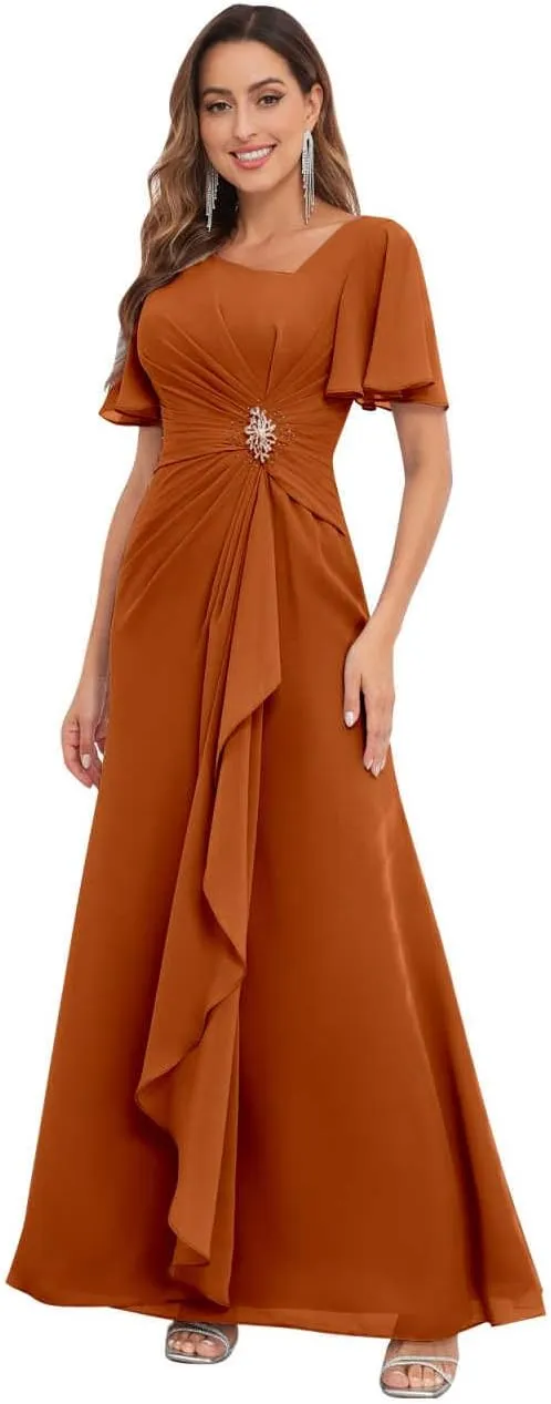 Mother of The Bride Dresses for Wedding Asymmetrical Neckline Ruffled Sleeve Fitted Chiffon Long Formal Dress