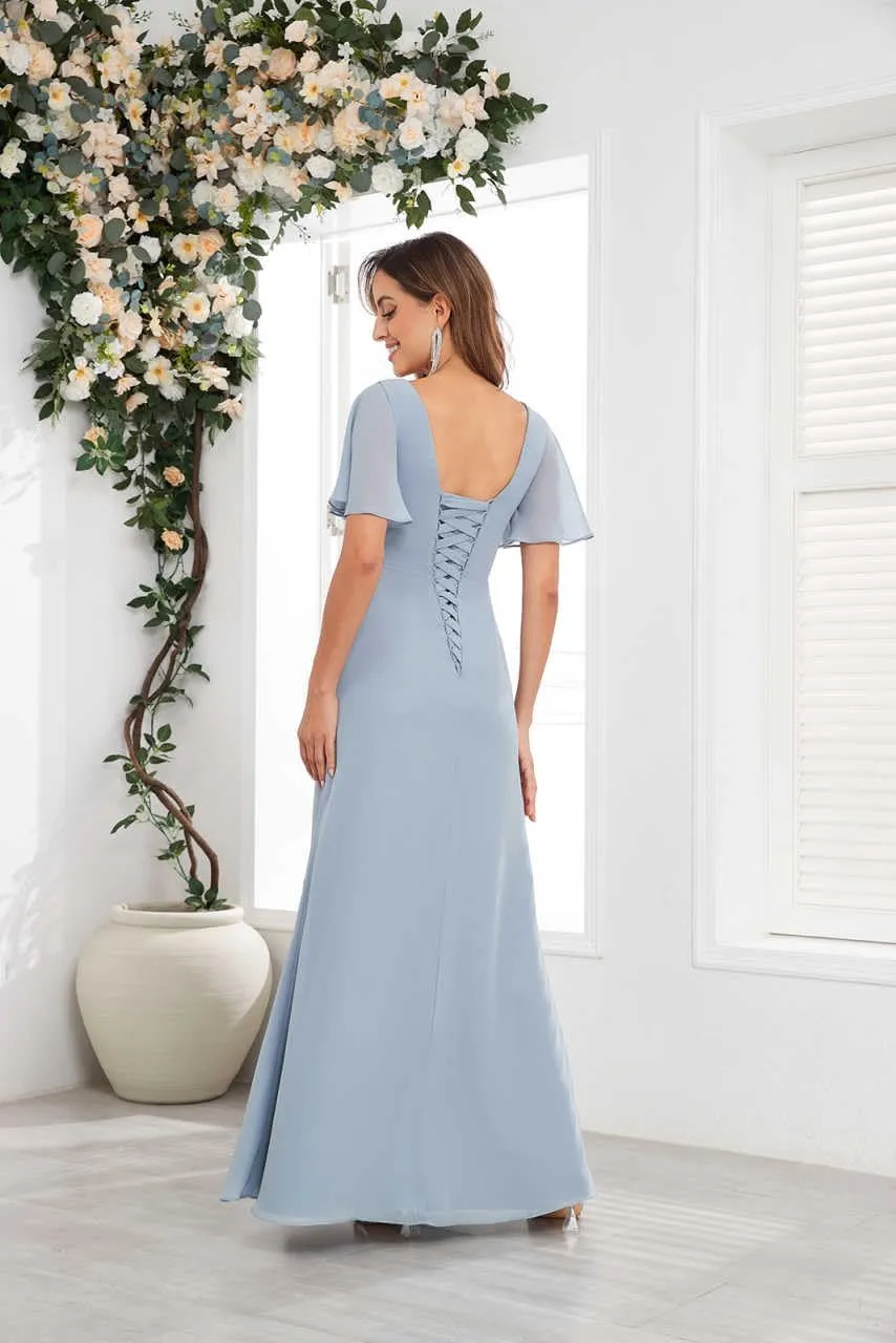 Mother of The Bride Dresses for Wedding Asymmetrical Neckline Ruffled Sleeve Fitted Chiffon Long Formal Dress