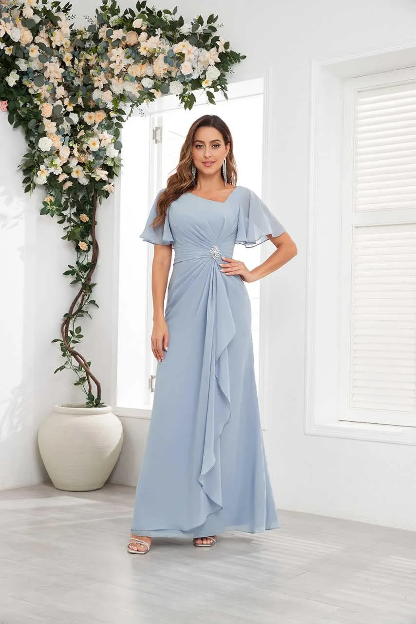 Mother of The Bride Dresses for Wedding Asymmetrical Neckline Ruffled Sleeve Fitted Chiffon Long Formal Dress