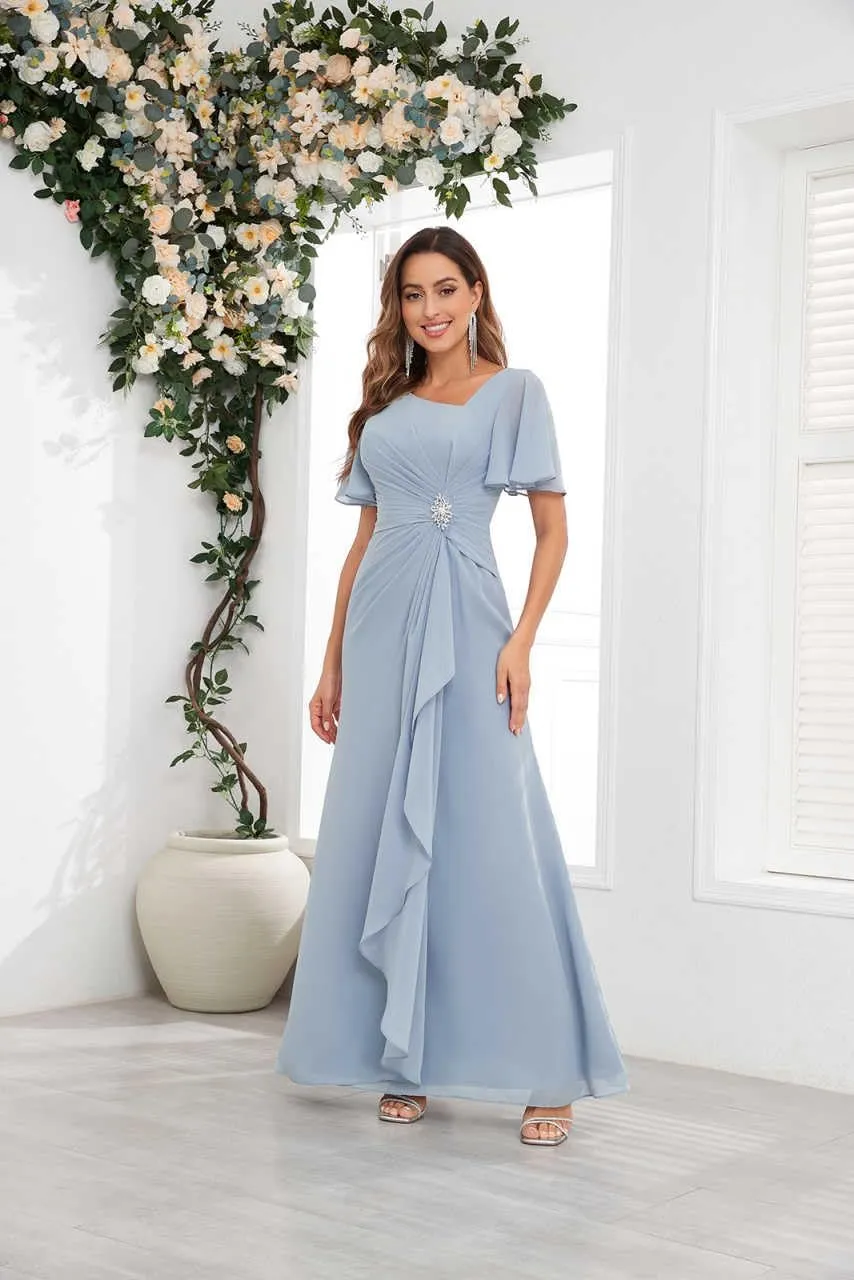 Mother of The Bride Dresses for Wedding Asymmetrical Neckline Ruffled Sleeve Fitted Chiffon Long Formal Dress