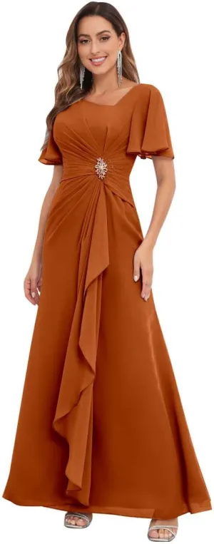 Mother of The Bride Dresses for Wedding Asymmetrical Neckline Ruffled Sleeve Fitted Chiffon Long Formal Dress