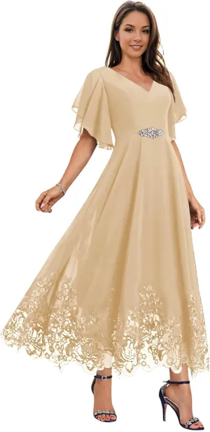Mother of The Bride Dresses for Wedding for Women Tea Length Chiffon Lace Appliques Formal Evening Dresses
