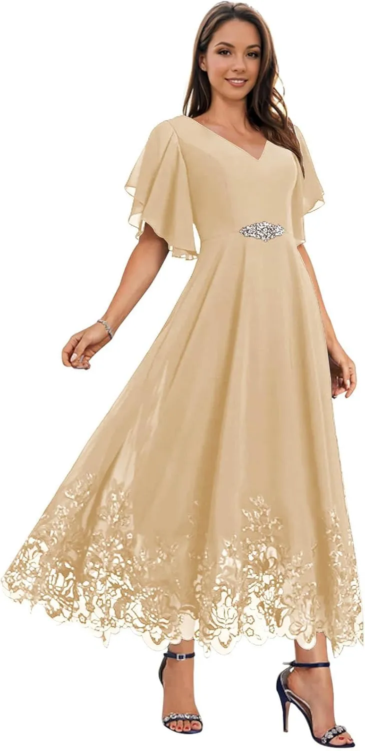 Mother of The Bride Dresses for Wedding for Women Tea Length Chiffon Lace Appliques Formal Evening Dresses