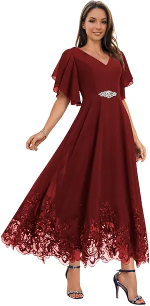 Mother of The Bride Dresses for Wedding for Women Tea Length Chiffon Lace Appliques Formal Evening Dresses