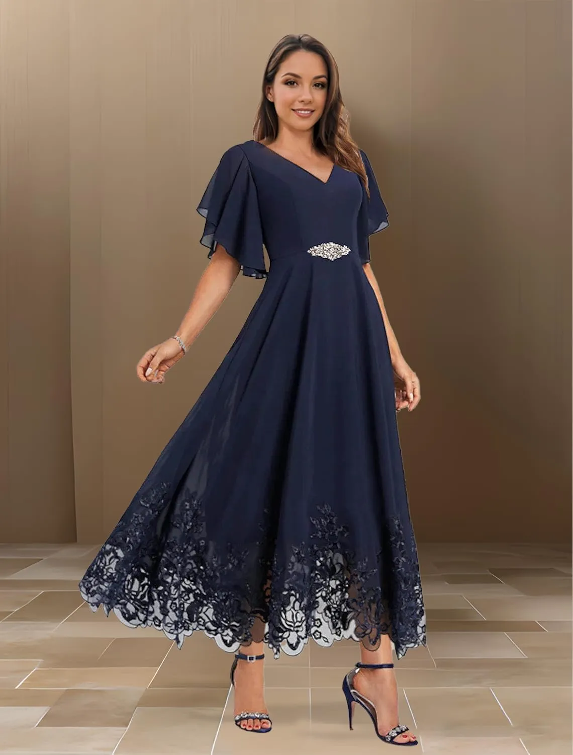 Mother of The Bride Dresses for Wedding for Women Tea Length Chiffon Lace Appliques Formal Evening Dresses