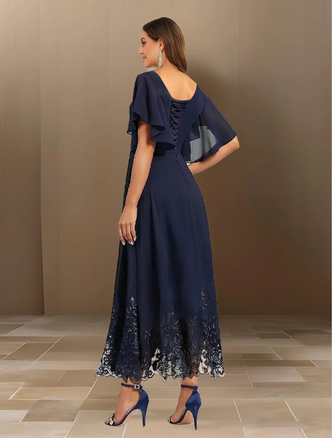 Mother of The Bride Dresses for Wedding for Women Tea Length Chiffon Lace Appliques Formal Evening Dresses