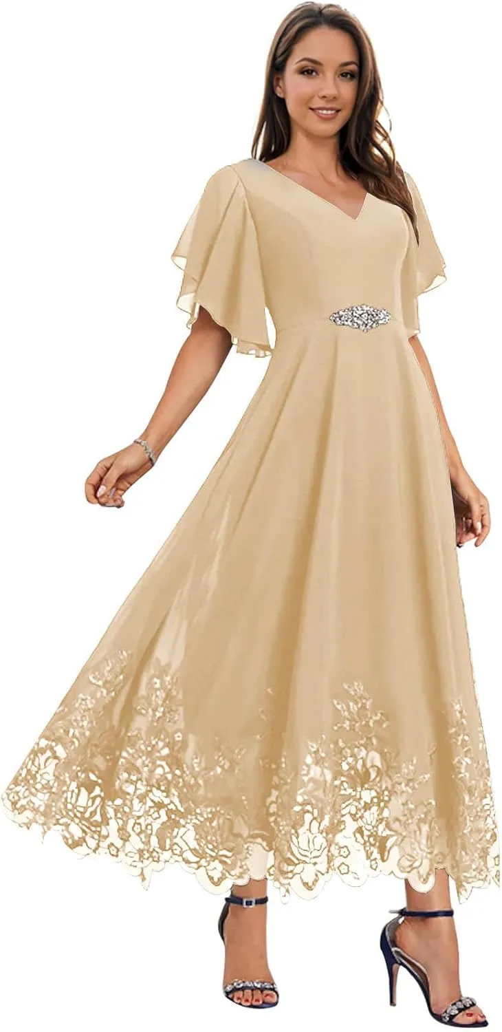 Mother of The Bride Dresses for Wedding for Women Tea Length Chiffon Lace Appliques Formal Evening Dresses