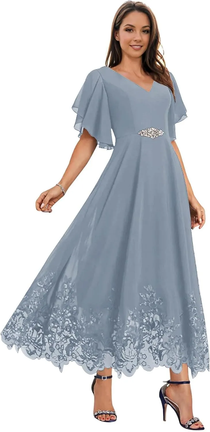 Mother of The Bride Dresses for Wedding for Women Tea Length Chiffon Lace Appliques Formal Evening Dresses