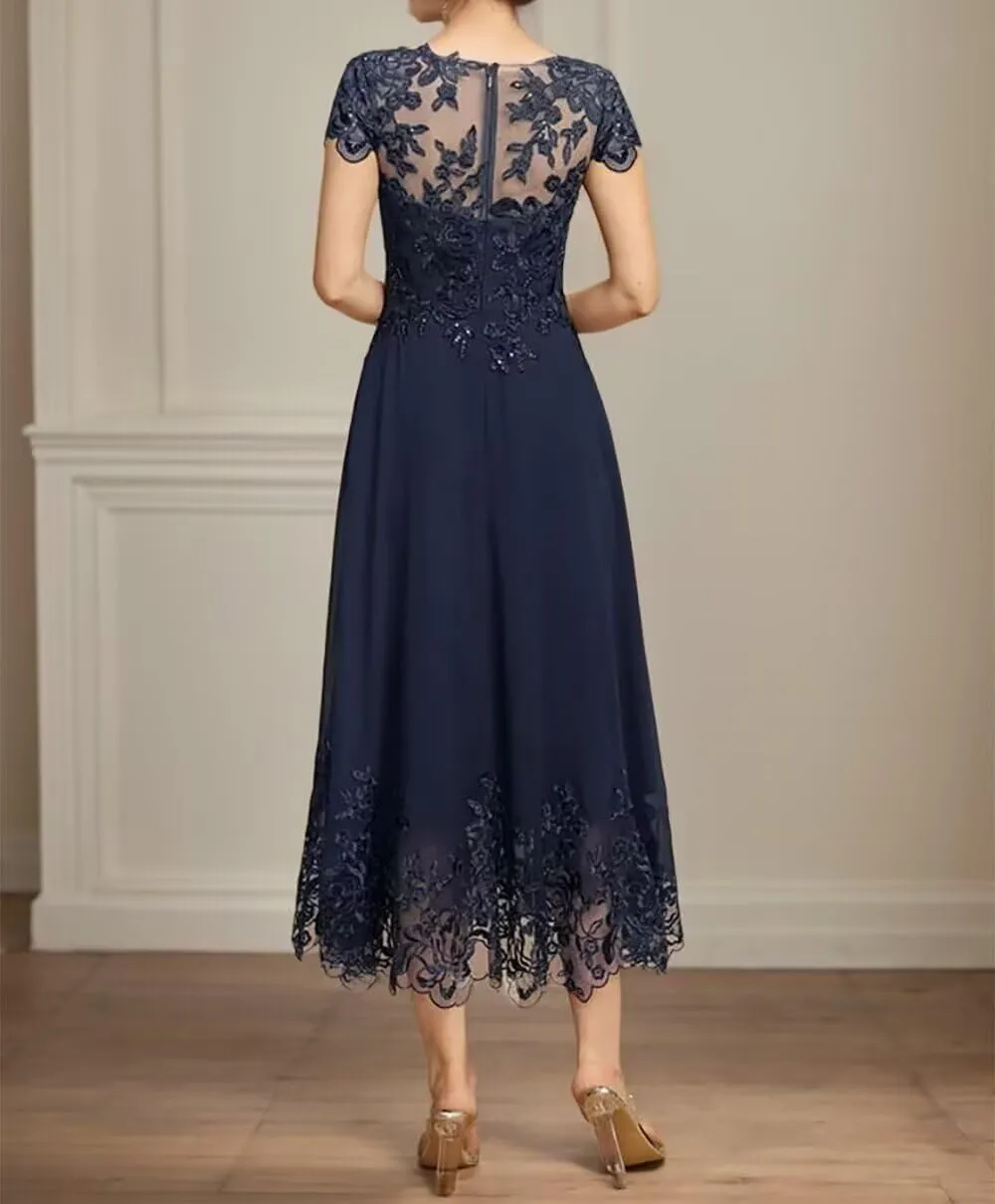 Mother of The Bride Dresses for Wedding Guest Chiffon Short Sleeves Tea Length Formal Evening Party Gown JH007