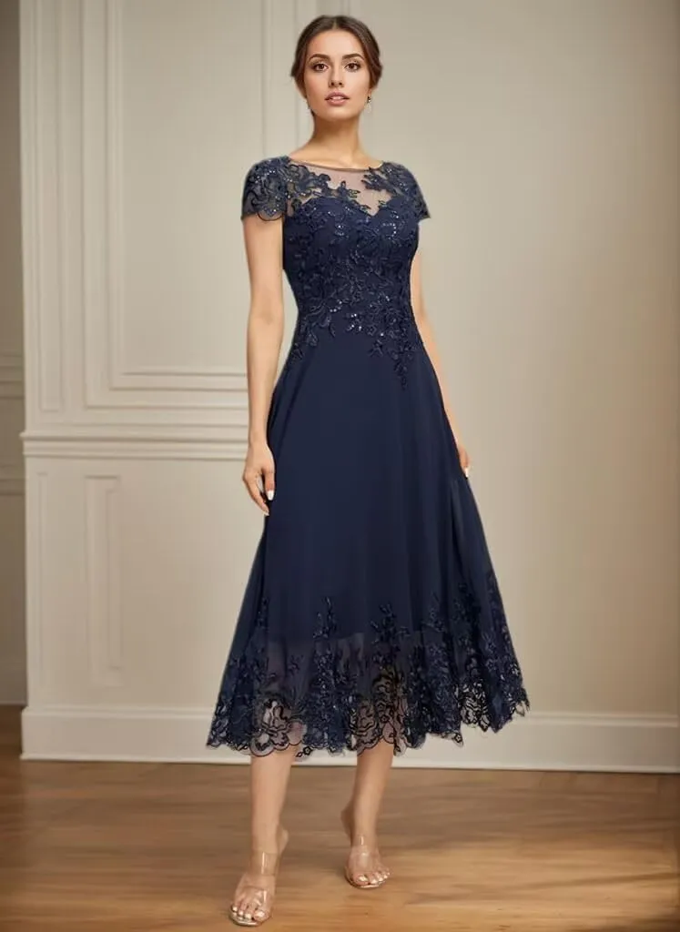 Mother of The Bride Dresses for Wedding Guest Chiffon Short Sleeves Tea Length Formal Evening Party Gown JH007