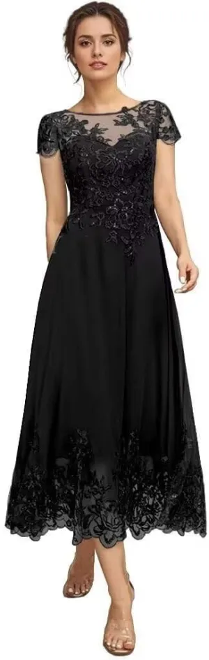 Mother of The Bride Dresses for Wedding Guest Chiffon Short Sleeves Tea Length Formal Evening Party Gown JH007