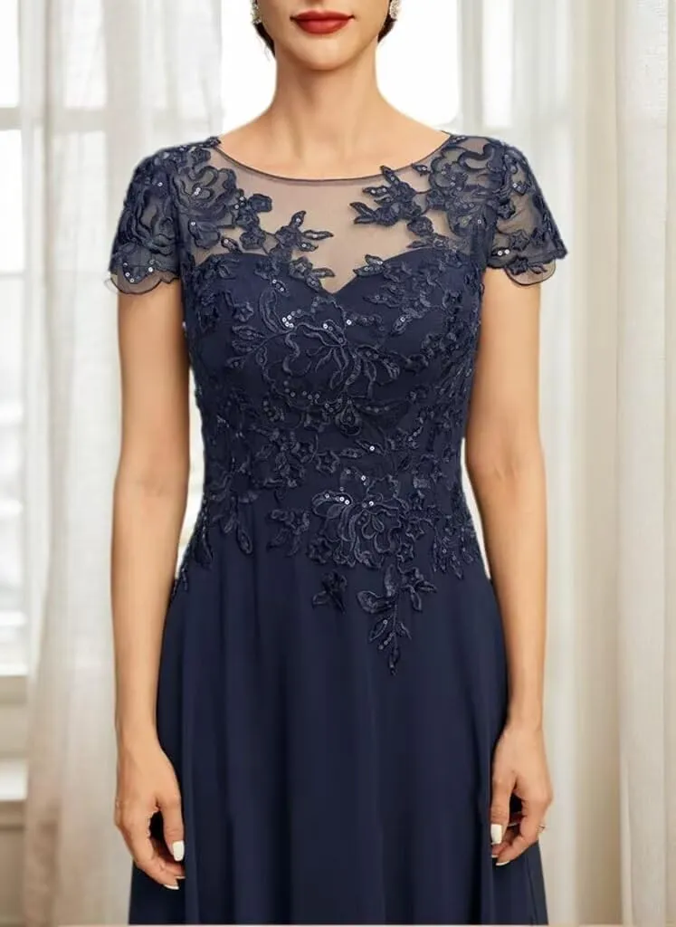 Mother of The Bride Dresses for Wedding Guest Chiffon Short Sleeves Tea Length Formal Evening Party Gown JH007