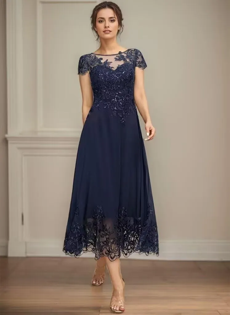 Mother of The Bride Dresses for Wedding Guest Chiffon Short Sleeves Tea Length Formal Evening Party Gown JH007