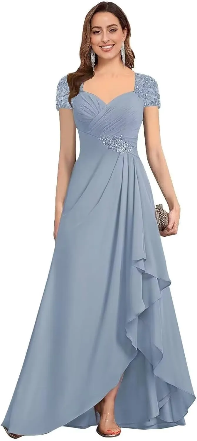 Mother of The Bride Dresses for Wedding Guest Short Sleeves Beaded Chiffon Formal Evening Gown JH015