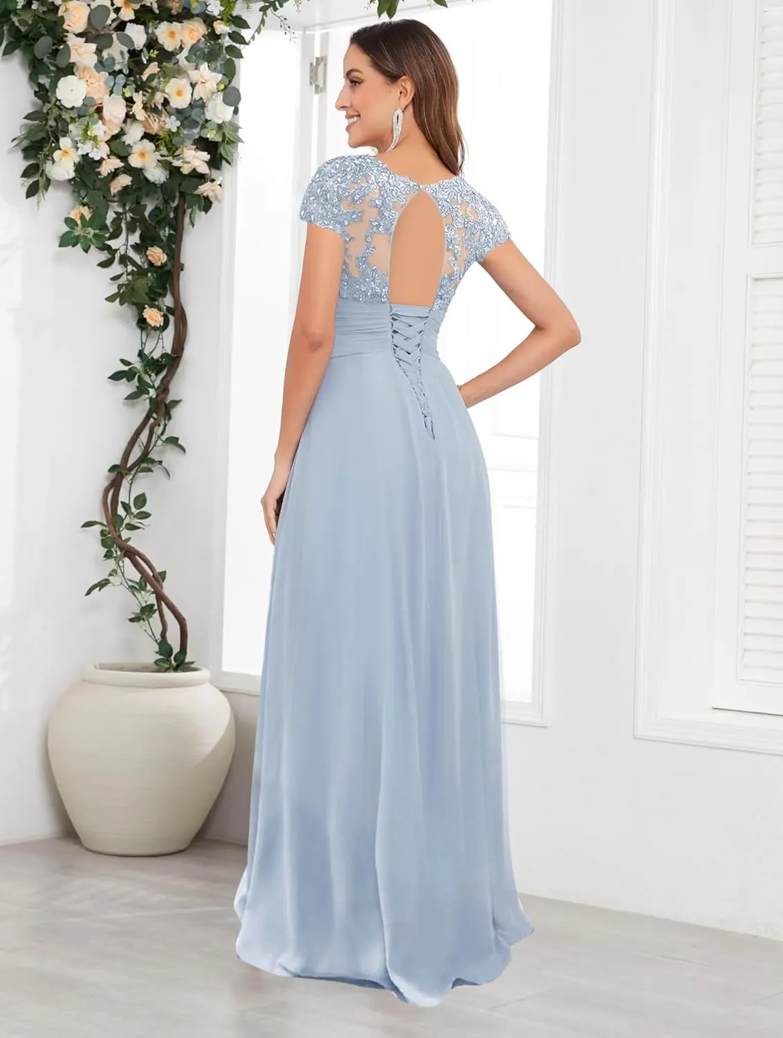 Mother of The Bride Dresses for Wedding Guest Short Sleeves Beaded Chiffon Formal Evening Gown JH015