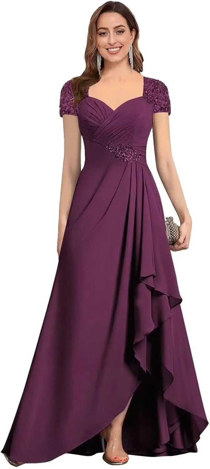 Mother of The Bride Dresses for Wedding Guest Short Sleeves Beaded Chiffon Formal Evening Gown JH015