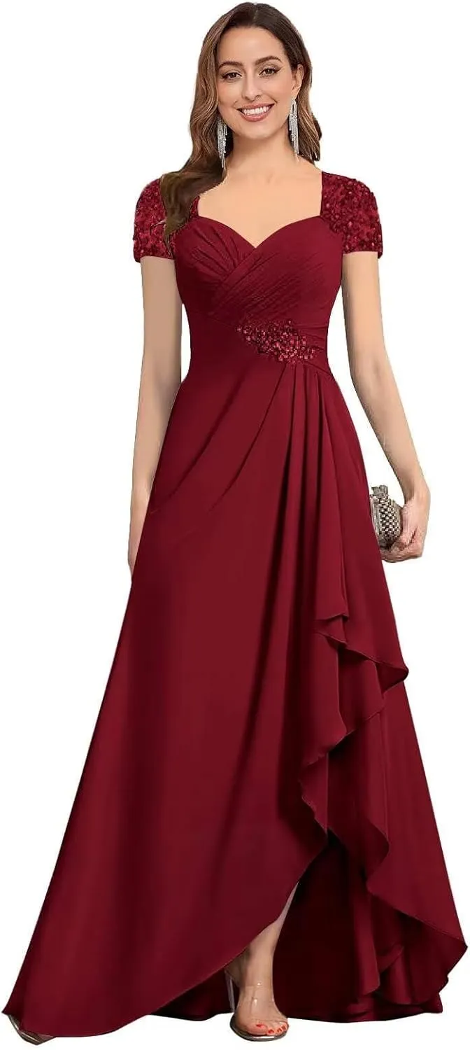 Mother of The Bride Dresses for Wedding Guest Short Sleeves Beaded Chiffon Formal Evening Gown JH015