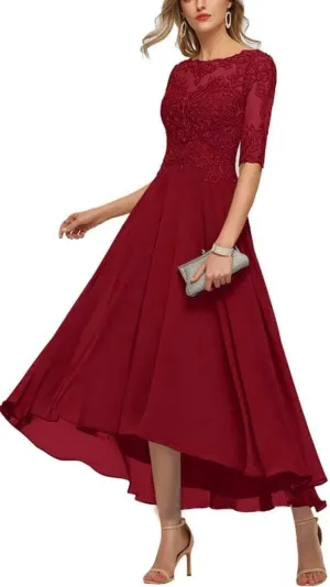 Mother of The Bride Dresses for Wedding Guest Tea Length Chiffon Lace Appliques Mother of The Groom Dress