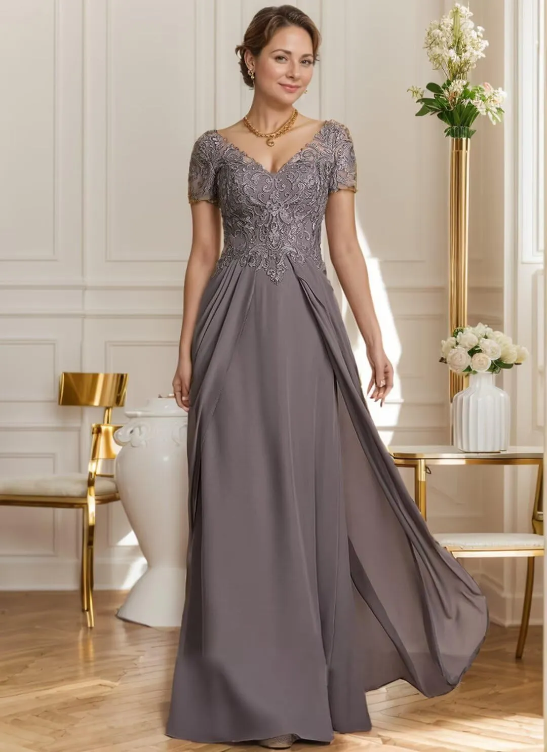 Mother of The Bride Dresses for Wedding Long Chiffon Lace Applique Short Sleeves Formal Evening Gown 2024