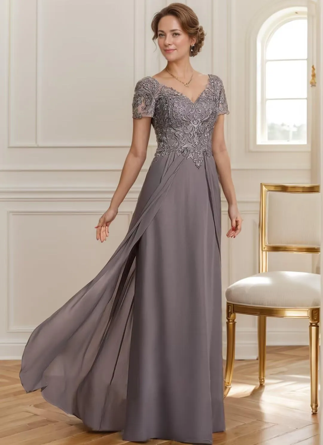Mother of The Bride Dresses for Wedding Long Chiffon Lace Applique Short Sleeves Formal Evening Gown 2024
