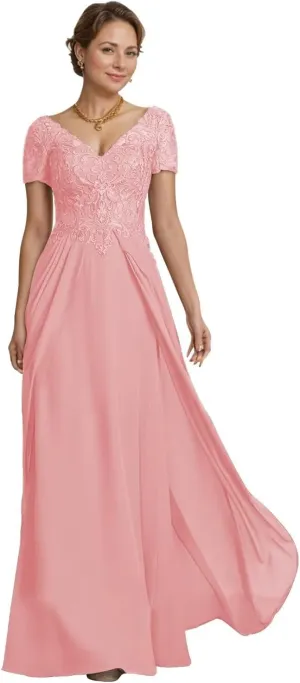 Mother of The Bride Dresses for Wedding Long Chiffon Lace Applique Short Sleeves Formal Evening Gown 2024