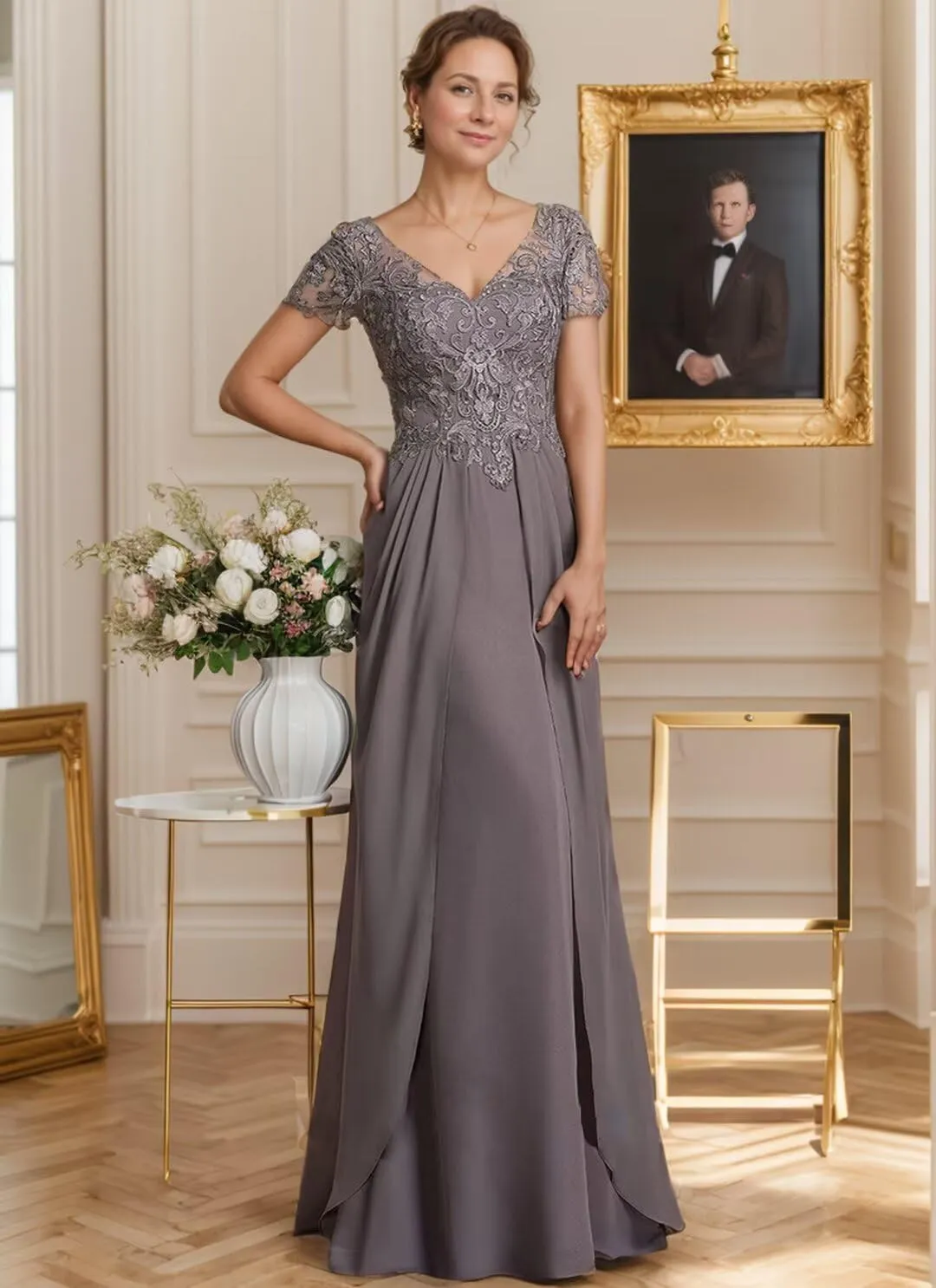 Mother of The Bride Dresses for Wedding Long Chiffon Lace Applique Short Sleeves Formal Evening Gown 2024