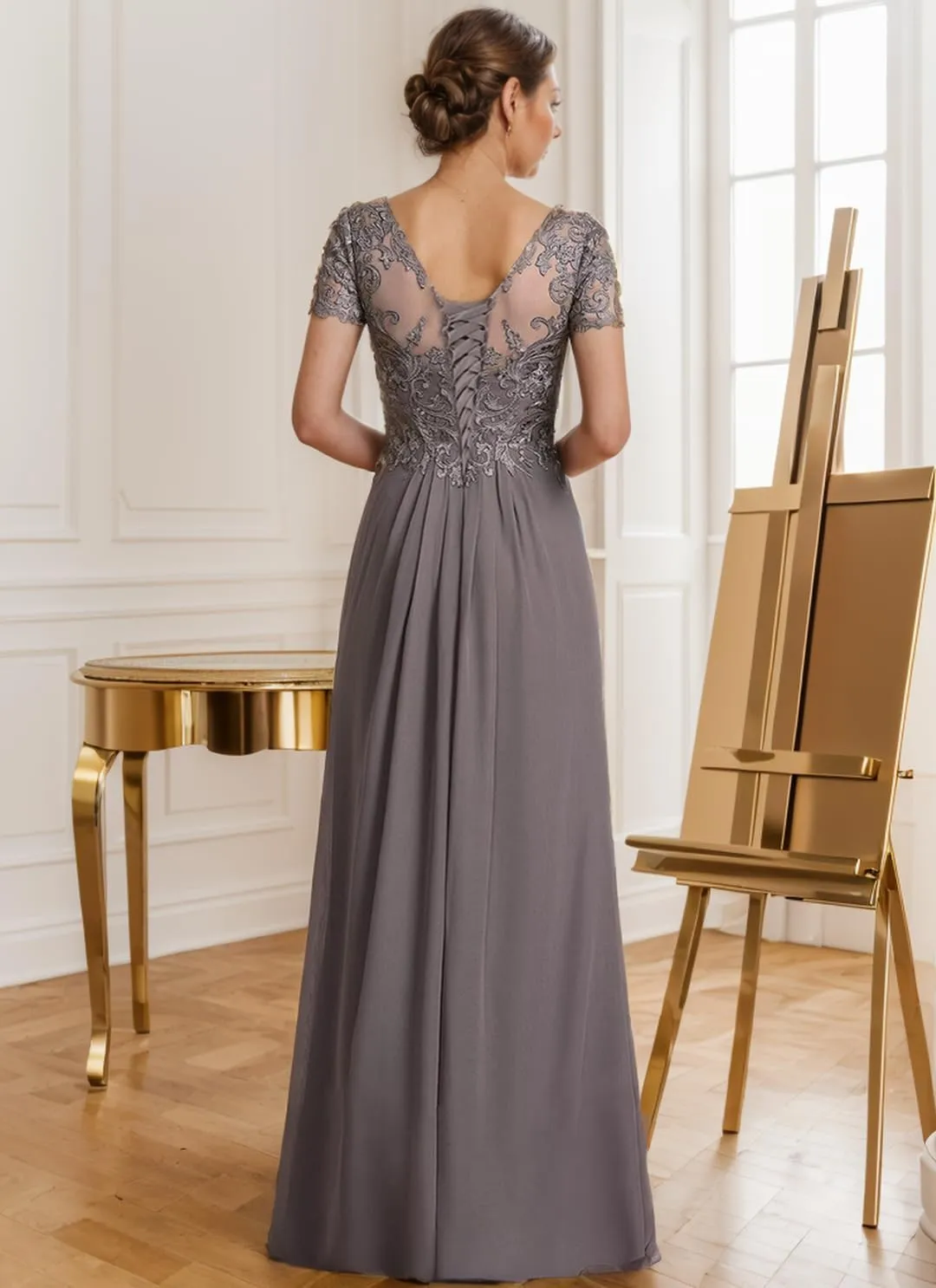 Mother of The Bride Dresses for Wedding Long Chiffon Lace Applique Short Sleeves Formal Evening Gown 2024
