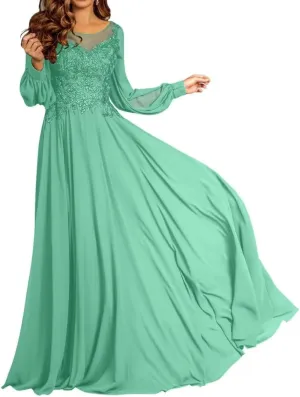 Mother of The Bride Dresses for Wedding Long Sleeves Formal Party Dresses Chiffon Lace Appliques Wedding Guest Dress
