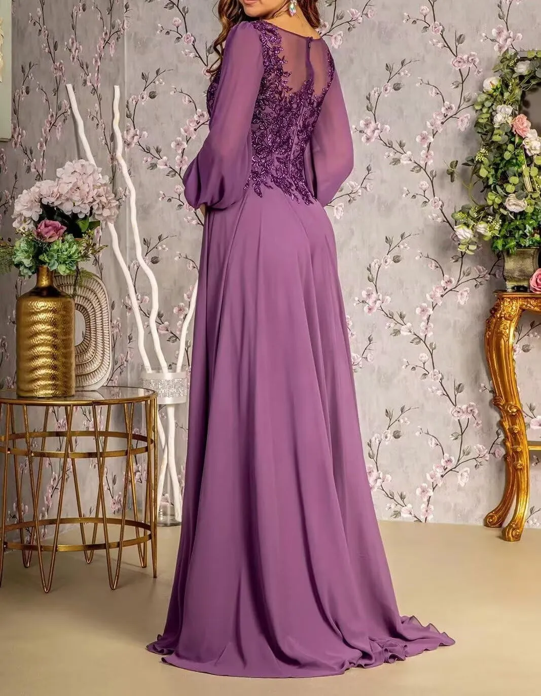 Mother of The Bride Dresses for Wedding Long Sleeves Formal Party Dresses Chiffon Lace Appliques Wedding Guest Dress