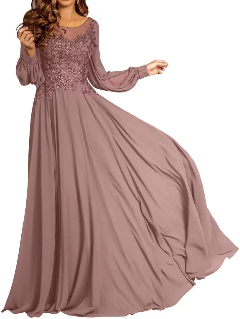 Mother of The Bride Dresses for Wedding Long Sleeves Formal Party Dresses Chiffon Lace Appliques Wedding Guest Dress